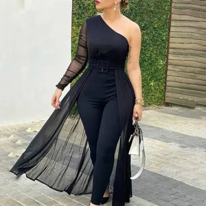 One Shoulder Plain Sheer Mesh Jumpsuit