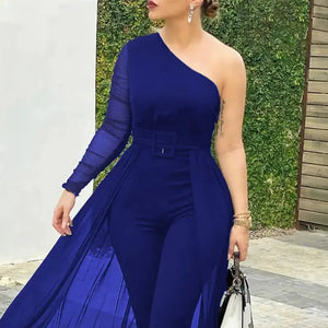One Shoulder Plain Sheer Mesh Jumpsuit