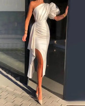 Load image into Gallery viewer, One Shoulder Puff Sleeve Ruched Slit Dress
