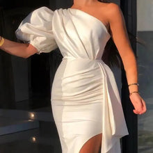 Load image into Gallery viewer, One Shoulder Puff Sleeve Ruched Slit Dress
