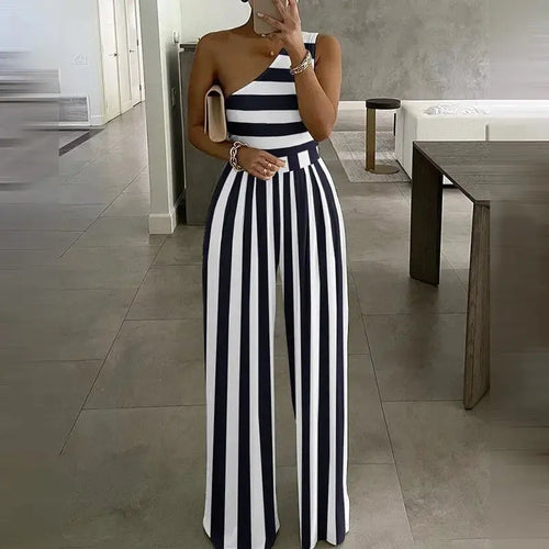 One Shoulder Striped Colorblock Jumpsuit