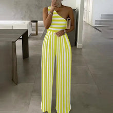 Load image into Gallery viewer, One Shoulder Striped Colorblock Jumpsuit
