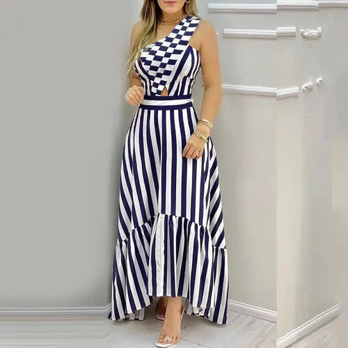 One Shoulder Striped Cut-out Ruffled Hem Long Dress