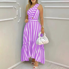 Load image into Gallery viewer, One Shoulder Striped Cut-out Ruffled Hem Long Dress