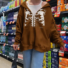 Load image into Gallery viewer, Oversized Skeleton Print Long Sleeve Zip Up Sweatshirt