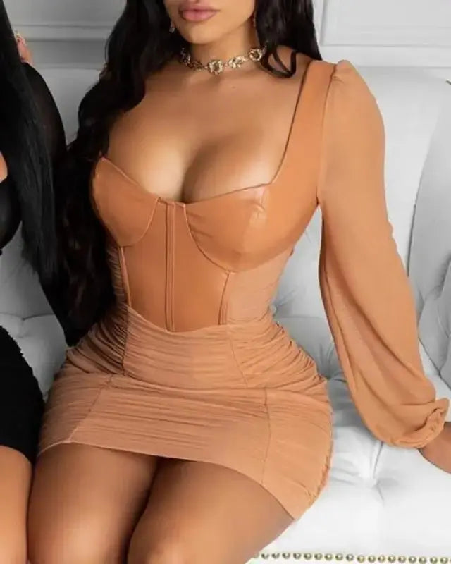 PU Leather Sheer Mesh Sleeve Ruched Bodycon Mini Dress