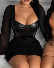 Load image into Gallery viewer, PU Leather Sheer Mesh Sleeve Ruched Bodycon Mini Dress