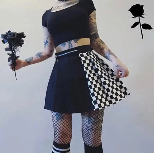 Patchwork Checkerboard Pleated Skirt