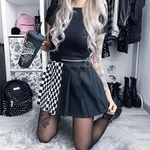 Patchwork Checkerboard Pleated Skirt