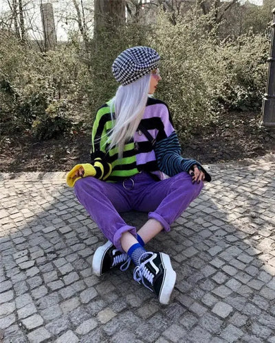 Patchwork Stripe Print Long Sleeve Y2k Sweatshirt