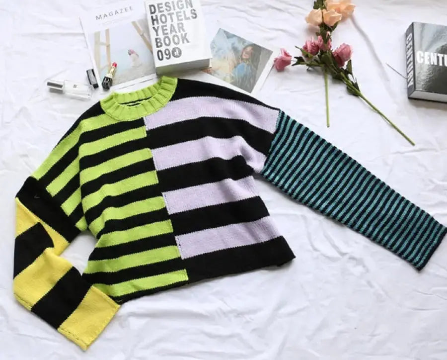 Patchwork Stripe Print Long Sleeve Y2k Sweatshirt