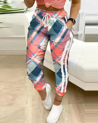 Plaid Colorblock Drawstring Pockets Sweatspants