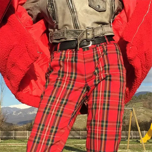 Plaid Straight High Waist Slim Pants