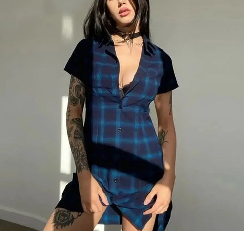 Plaids Short Sleeve Turn down Collar Mini A-Line Gothic Dress