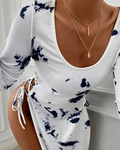 Plain Lace-up Ribbed Long Sleeve Side Slit Women Dress