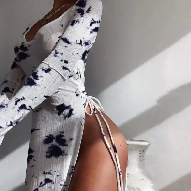 Plain Lace-up Ribbed Long Sleeve Side Slit Women Dress