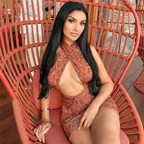 Pleated Halter Hollow Out Sleeveless Bodycon Backless Mini Dress