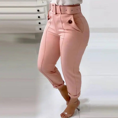 Pocket Design Belted High Waist Casual Pants