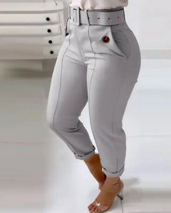 Pocket Design Belted High Waist Casual Pants