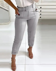 Pocket Design Belted High Waist Casual Pants