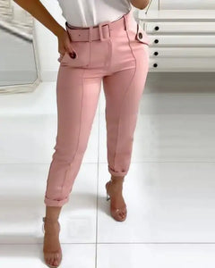 Pocket Design Belted High Waist Casual Pants