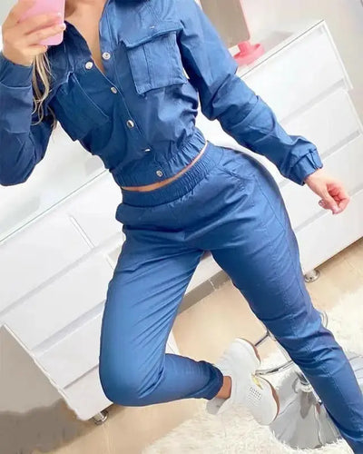 Pocket Design Top & Flared Pants Set