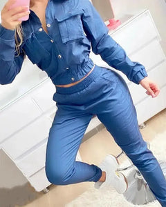 Pocket Design Top & Flared Pants Set