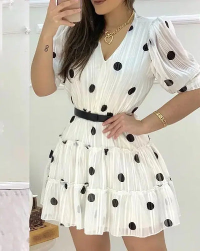 Polka Dots Mesh Puff Sleeve Ruffles Casual Dress