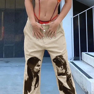 Portrait Print Apricot High Waist Corduroy Pants