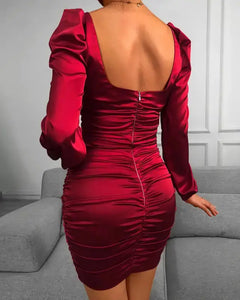 Puffed Sleeve Ruched Backless Bodycon Dress