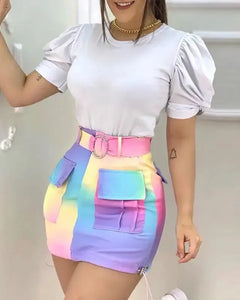 Puffed Sleeve Top & Colorblock Pocket Design Skirt Set