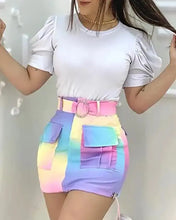 Load image into Gallery viewer, Puffed Sleeve Top &amp; Colorblock Pocket Design Skirt Set