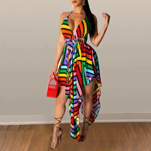 Load image into Gallery viewer, Rainbow Striped Sexy Irregular Spaghetti Strap Backless Dress