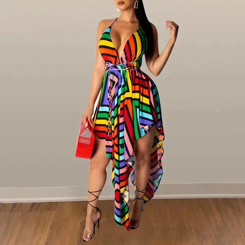 Rainbow Striped Sexy Irregular Spaghetti Strap Backless Dress