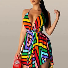 Load image into Gallery viewer, Rainbow Striped Sexy Irregular Spaghetti Strap Backless Dress