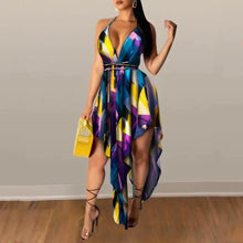 Load image into Gallery viewer, Rainbow Striped Sexy Irregular Spaghetti Strap Backless Dress