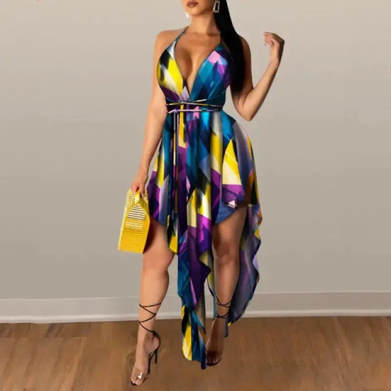 Rainbow Striped Sexy Irregular Spaghetti Strap Backless Dress