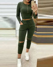 Load image into Gallery viewer, Ribbed Zipper Design Crop Top &amp; Cutout Pants Set