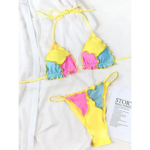 Ruffled Frill Patchwork Two Pieces Bikini Set