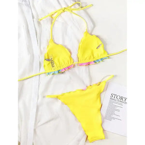 Ruffled Frill Patchwork Two Pieces Bikini Set