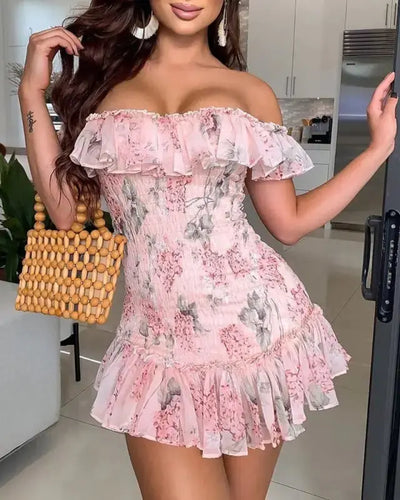 Ruffled Hem Fold Floral Print Off Shoulder Shirring Dress