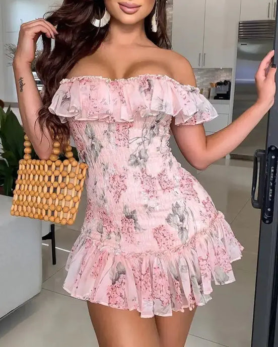 Ruffled Hem Fold Floral Print Off Shoulder Shirring Dress