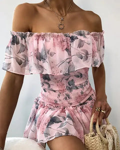 Ruffled Hem Fold Floral Print Off Shoulder Shirring Dress