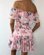 Load image into Gallery viewer, Ruffled Hem Fold Floral Print Off Shoulder Shirring Dress
