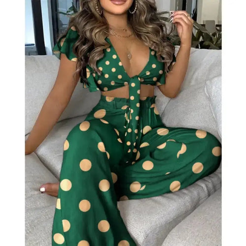 Ruffles Sleeve Knotted Top & High Waist Pants Set