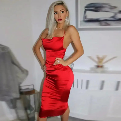 Satin Bodycon Cami Midi Dress With Spaghetti Straps