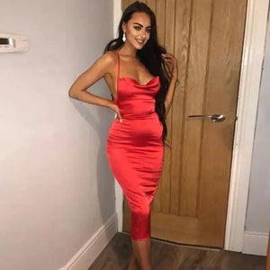 Satin Bodycon Cami Midi Dress With Spaghetti Straps