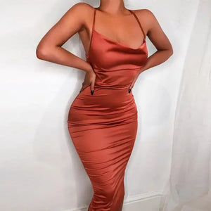 Satin Bodycon Cami Midi Dress With Spaghetti Straps