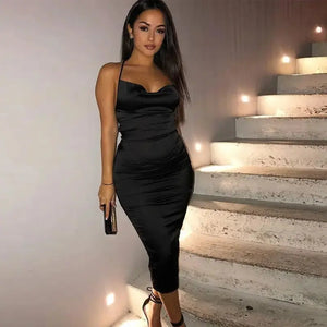 Satin Bodycon Cami Midi Dress With Spaghetti Straps