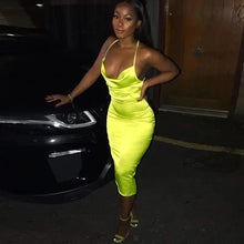 Load image into Gallery viewer, Satin Bodycon Cami Midi Dress With Spaghetti Straps